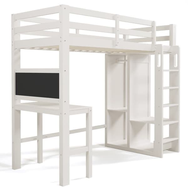 Mezzanine-vuode 90x200 cm mänty - kirjoituspöydällä, vaatekaapilla ja hyllyillä - valkoinen