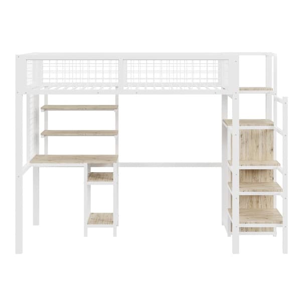 mezzanine-vuode 90x200 cm, jossa kirjoituspöytä, hyllyt, portaat ja vaatekaappi - metallirunko - valkoinen
