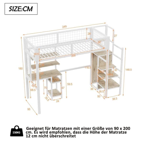 mezzanine-vuode 90x200 cm, jossa kirjoituspöytä, hyllyt, portaat ja vaatekaappi - metallirunko - valkoinen