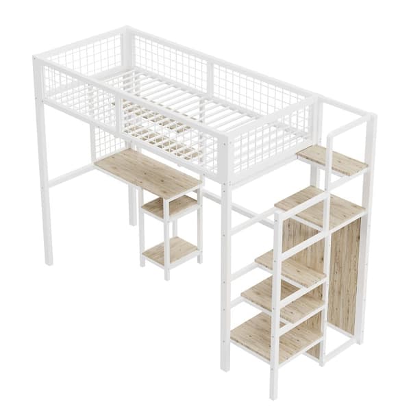 mezzanine-vuode 90x200 cm, jossa kirjoituspöytä, hyllyt, portaat ja vaatekaappi - metallirunko - valkoinen