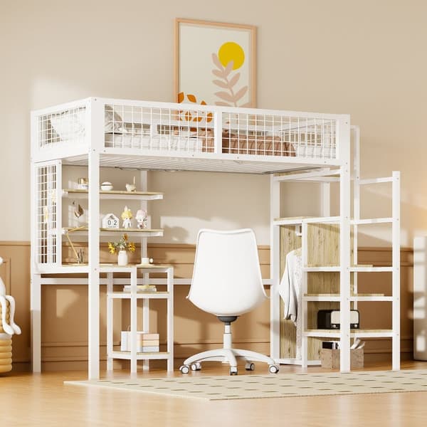 mezzanine-vuode 90x200 cm, jossa kirjoituspöytä, hyllyt, portaat ja vaatekaappi - metallirunko - valkoinen