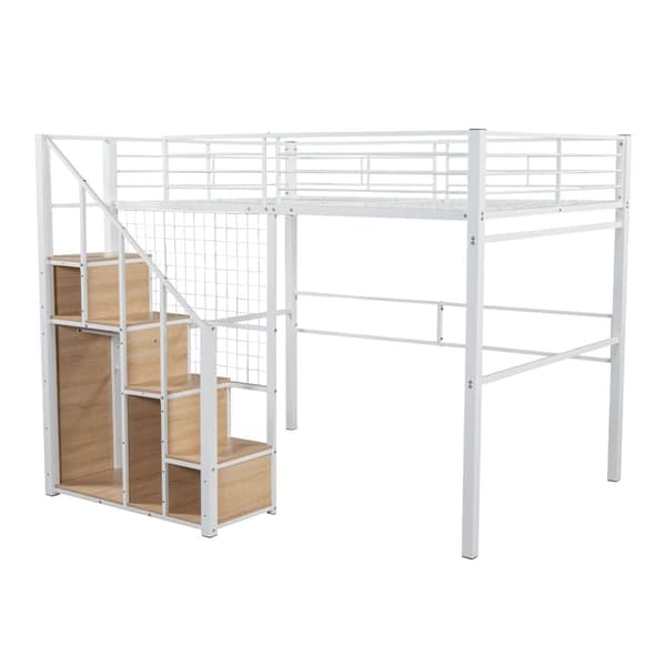 Børns mezzaninseng 140x200cm - med sikkerhedsstige og opbevaring - Hvid