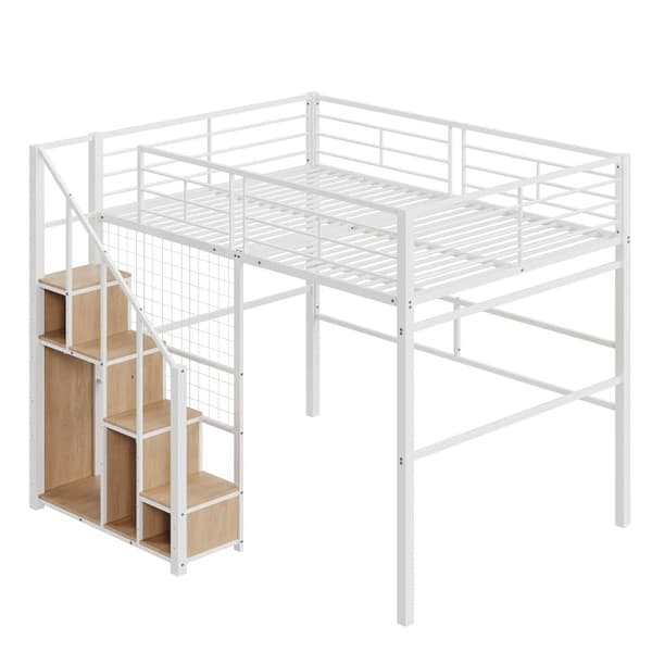 Børns mezzaninseng 140x200cm - med sikkerhedsstige og opbevaring - Hvid