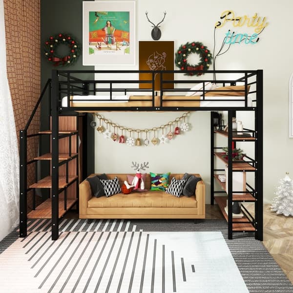 Mezzanine-säng 90x200 cm - med liten garderob och förvaringshyllor - Svart
