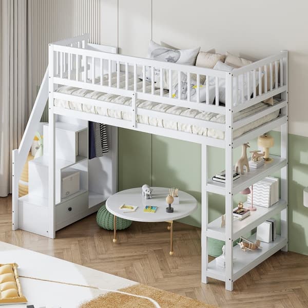 Puinen mezzanine-sänky 90x200 cm - hyllyillä ja vaatekaapilla - korkeilla baareilla - Valkoinen