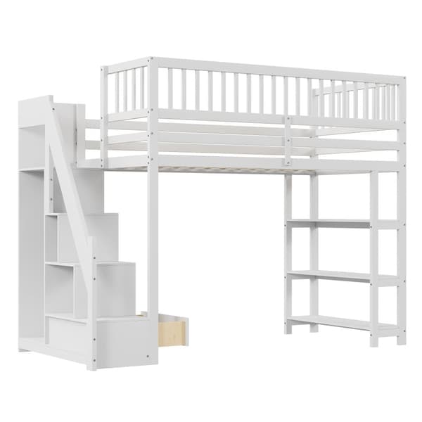 Puinen mezzanine-sänky 90x200 cm - hyllyillä ja vaatekaapilla - korkeilla baareilla - Valkoinen