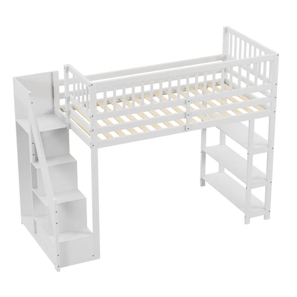 Puinen mezzanine-sänky 90x200 cm - hyllyillä ja vaatekaapilla - korkeilla baareilla - Valkoinen