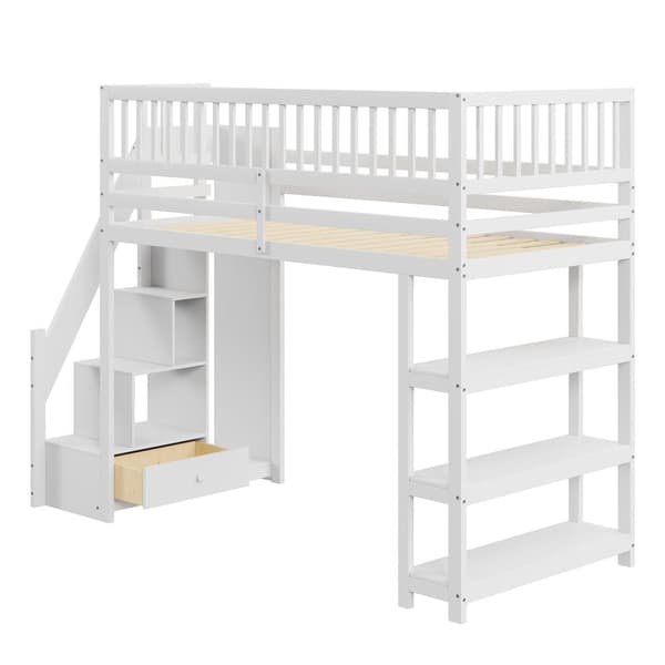 Puinen mezzanine-sänky 90x200 cm - hyllyillä ja vaatekaapilla - korkeilla baareilla - Valkoinen