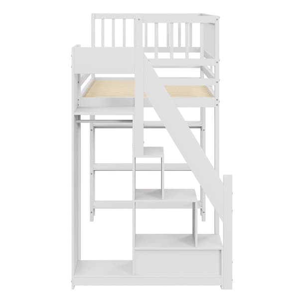Puinen mezzanine-sänky 90x200 cm - hyllyillä ja vaatekaapilla - korkeilla baareilla - Valkoinen