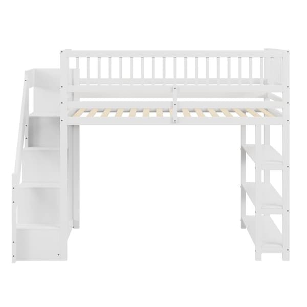 Puinen mezzanine-sänky 90x200 cm - hyllyillä ja vaatekaapilla - korkeilla baareilla - Valkoinen