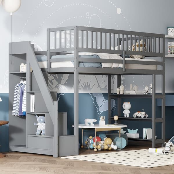 Hems seng i træ 90x200 cm - med hylder og garderobe - med høje lameller - Grå