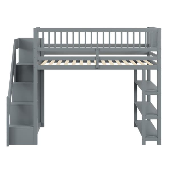 Hems seng i træ 90x200 cm - med hylder og garderobe - med høje lameller - Grå
