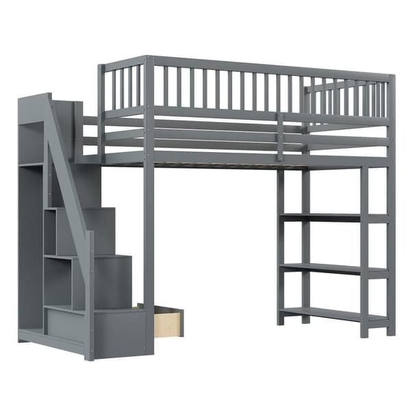 Hems seng i træ 90x200 cm - med hylder og garderobe - med høje lameller - Grå