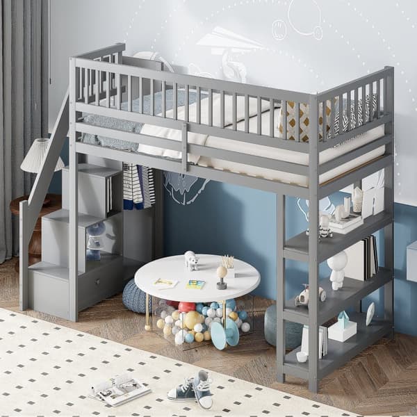 Hems seng i træ 90x200 cm - med hylder og garderobe - med høje lameller - Grå