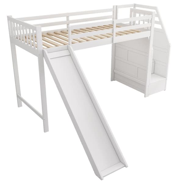 Mezzanine-säng 90x200cm i furu - med glid- och förvaringsstege - Vit