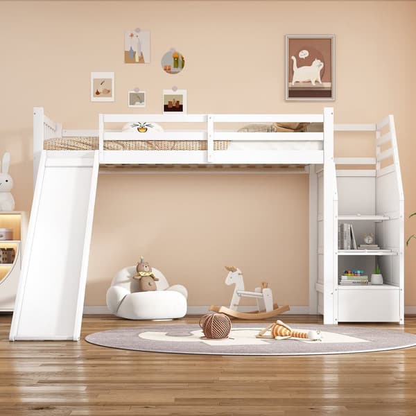 Mezzanine-säng 90x200cm i furu - med glid- och förvaringsstege - Vit