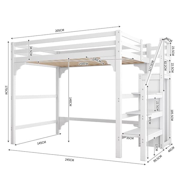 Mezzanin Seng med Garderobeskab - 140x200 cm - med lamelbund - Hvid