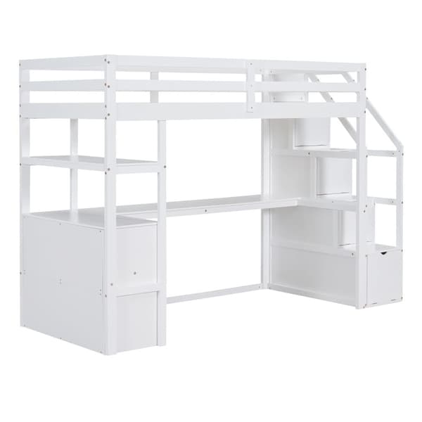 Mezzanine-säng 90x200 cm - med skrivbord och förvaringsstege - Vit