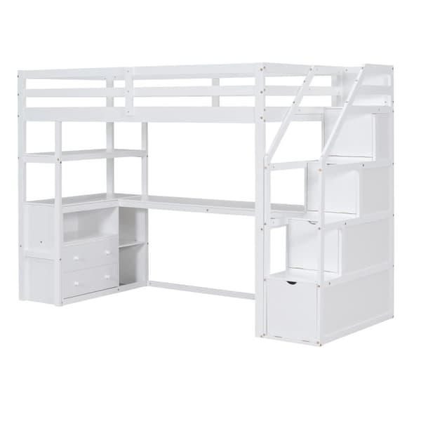 Mezzanine-säng 90x200 cm - med skrivbord och förvaringsstege - Vit