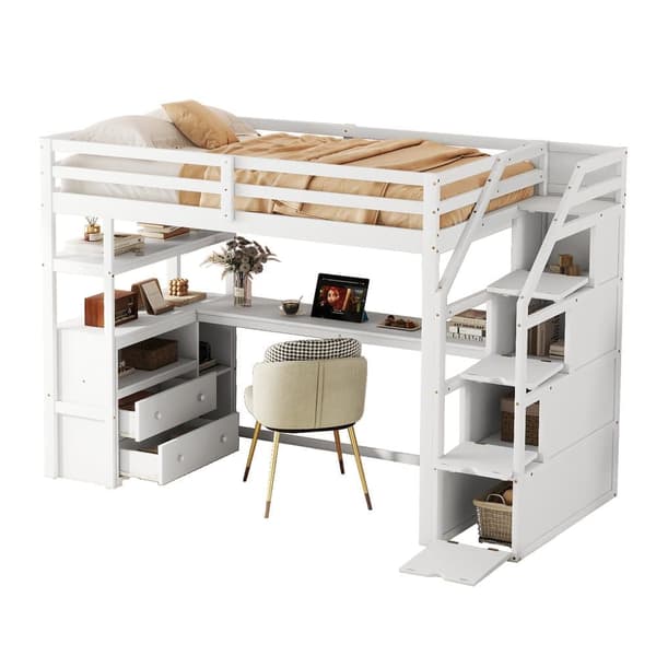 Mezzanine-säng 90x200 cm - med skrivbord och förvaringsstege - Vit