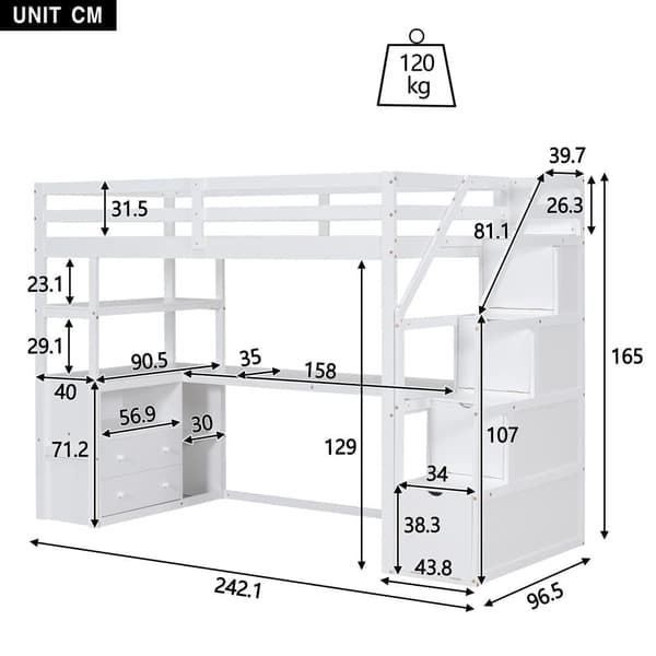 Mezzanine-säng 90x200 cm - med skrivbord och förvaringsstege - Vit