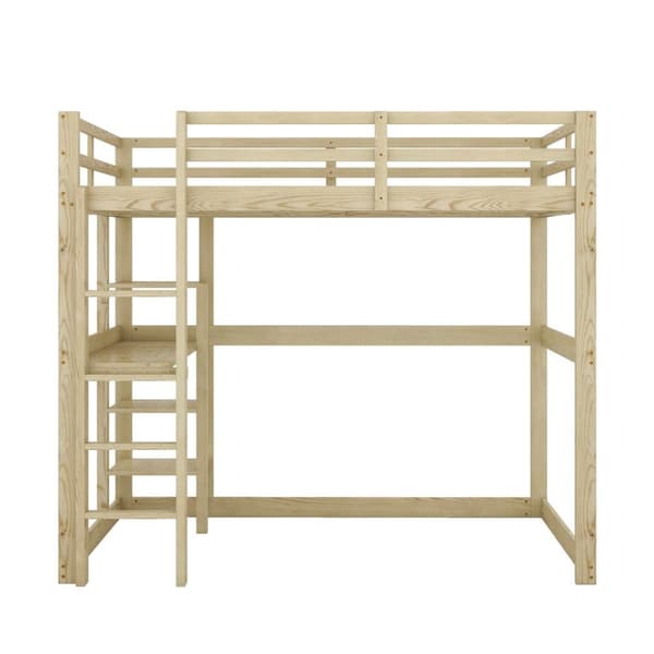 Mezzanine-säng 140x200cm i massiv furu med skrivbord och hyllor - Naturell