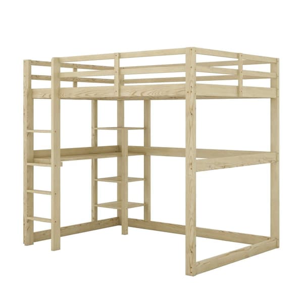 Mezzanine-säng 140x200cm i massiv furu med skrivbord och hyllor - Naturell