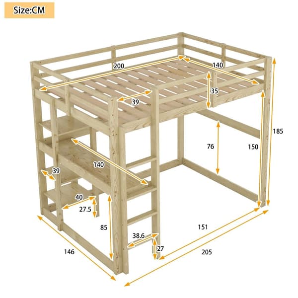 Mezzanine-säng 140x200cm i massiv furu med skrivbord och hyllor - Naturell