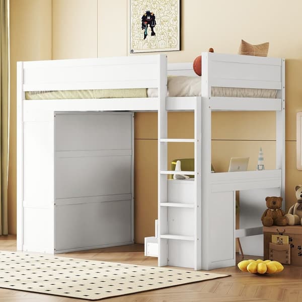 Mezzanine-vuode 90x200cm - monitoiminen pinnasänky - vaatekaappi ja kirjoituspöytä - massiivimänty - valkoinen