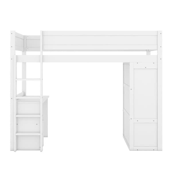 Mezzanine-vuode 90x200cm - monitoiminen pinnasänky - vaatekaappi ja kirjoituspöytä - massiivimänty - valkoinen