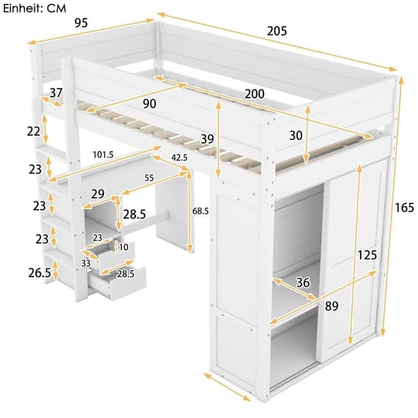 Mezzanine-vuode 90x200cm - monitoiminen pinnasänky - vaatekaappi ja kirjoituspöytä - massiivimänty - valkoinen