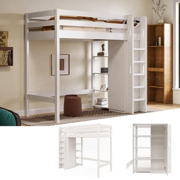 Mezzanin seng 90x200cm i massivt fyrretræ - med garderobe og hylder - hvid