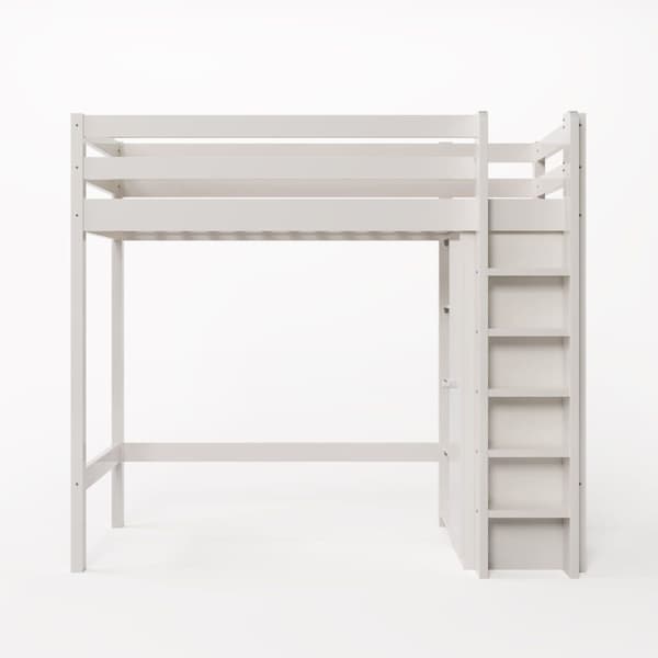 Mezzanin seng 90x200cm i massivt fyrretræ - med garderobe og hylder - hvid