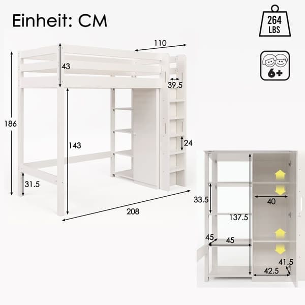 Mezzanin seng 90x200cm i massivt fyrretræ - med garderobe og hylder - hvid