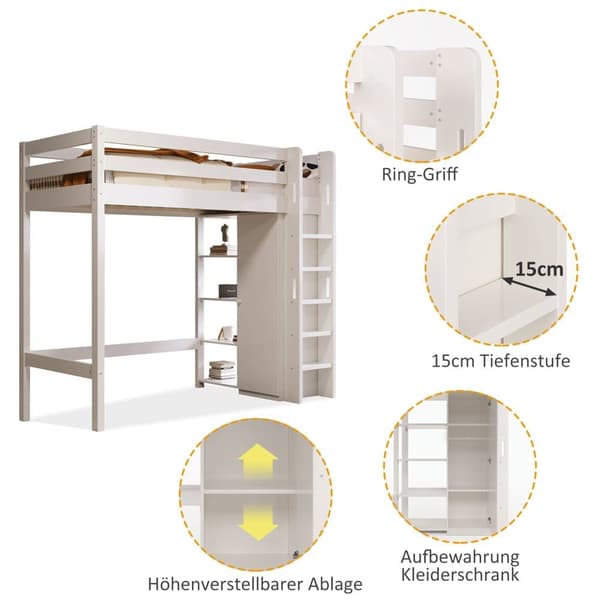 Mezzanin seng 90x200cm i massivt fyrretræ - med garderobe og hylder - hvid