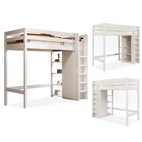 Mezzanin seng 90x200cm i massivt fyrretræ - med garderobe og hylder - hvid