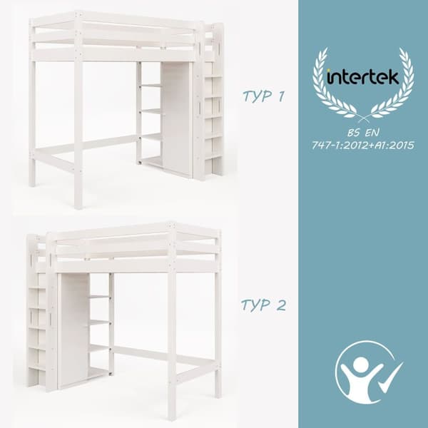 Mezzanin seng 90x200cm i massivt fyrretræ - med garderobe og hylder - hvid