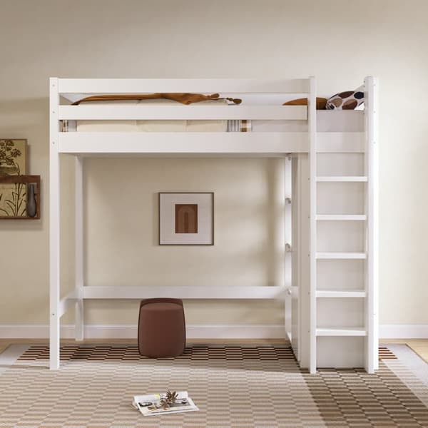 Mezzanin seng 90x200cm i massivt fyrretræ - med garderobe og hylder - hvid