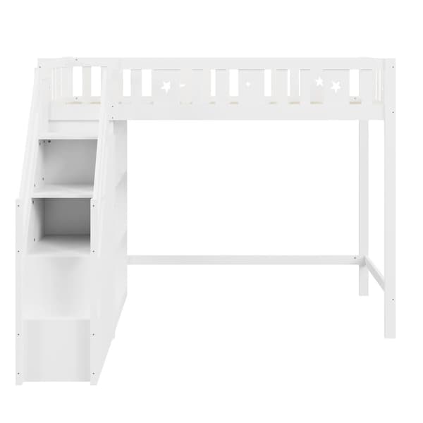 Mezzanine-vuode 90x200 cm - hyllyillä ja säilytystikkailla - massiivipuu - valkoinen