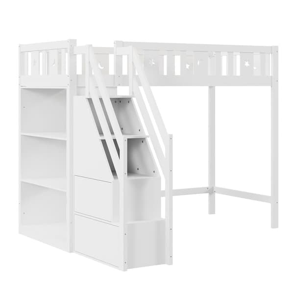 Mezzanine-vuode 90x200 cm - hyllyillä ja säilytystikkailla - massiivipuu - valkoinen
