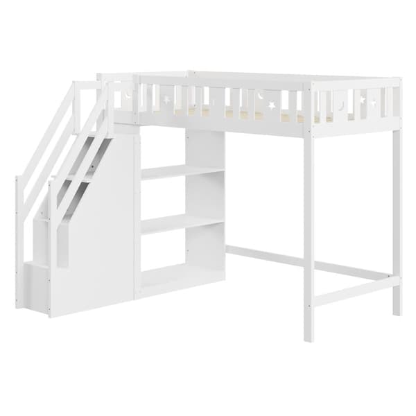 Mezzanine-vuode 90x200 cm - hyllyillä ja säilytystikkailla - massiivipuu - valkoinen