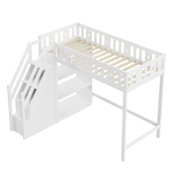 Mezzanine-vuode 90x200 cm - hyllyillä ja säilytystikkailla - massiivipuu - valkoinen