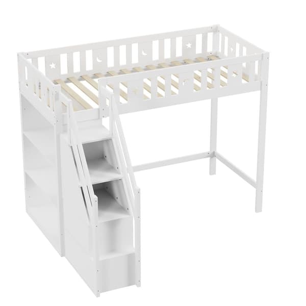 Mezzanine-vuode 90x200 cm - hyllyillä ja säilytystikkailla - massiivipuu - valkoinen
