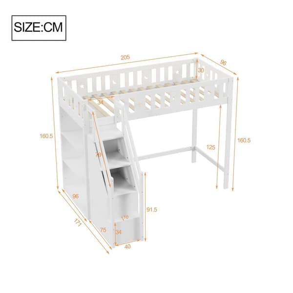 Mezzanine-vuode 90x200 cm - hyllyillä ja säilytystikkailla - massiivipuu - valkoinen