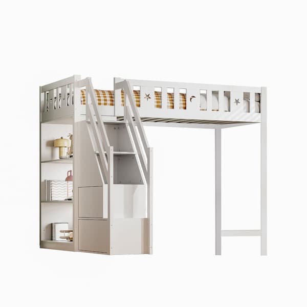 Mezzanine-vuode 90x200 cm - hyllyillä ja säilytystikkailla - massiivipuu - valkoinen