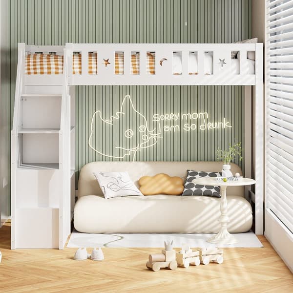 Mezzanine-säng 90x200 cm - med hyllor och förvaringsstege - massivt trä - Vit