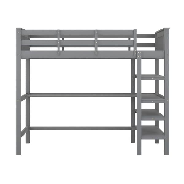 Mezzanine-vuode 90x200cm massiivimänty, työpöytä ja säilytyshylly - harmaa