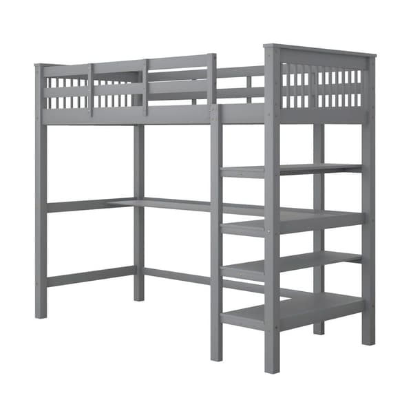 Mezzanine-vuode 90x200cm massiivimänty, työpöytä ja säilytyshylly - harmaa