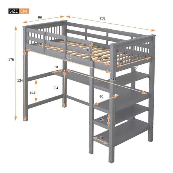 Mezzanine-vuode 90x200cm massiivimänty, työpöytä ja säilytyshylly - harmaa