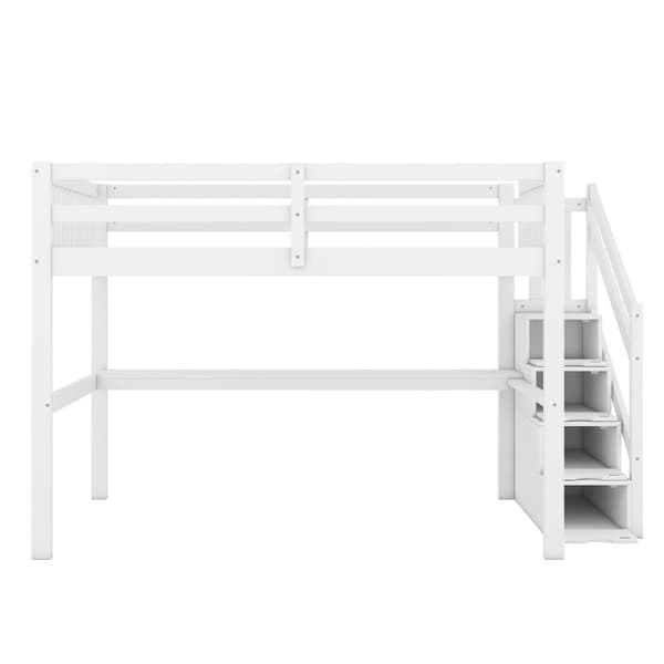 Hems seng i fyrretræ - 140x200cm - med opbevaringstrappe og skrivebord - med bundplade - hvid